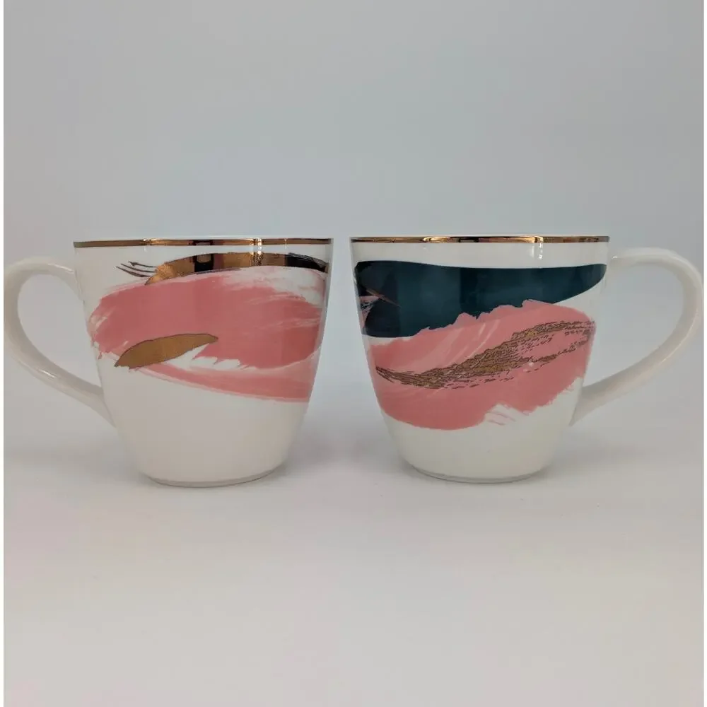 West Elm Ceramic Mug Set Abstract Brushstroke Teal Pink Gold Coffee Tea Cup